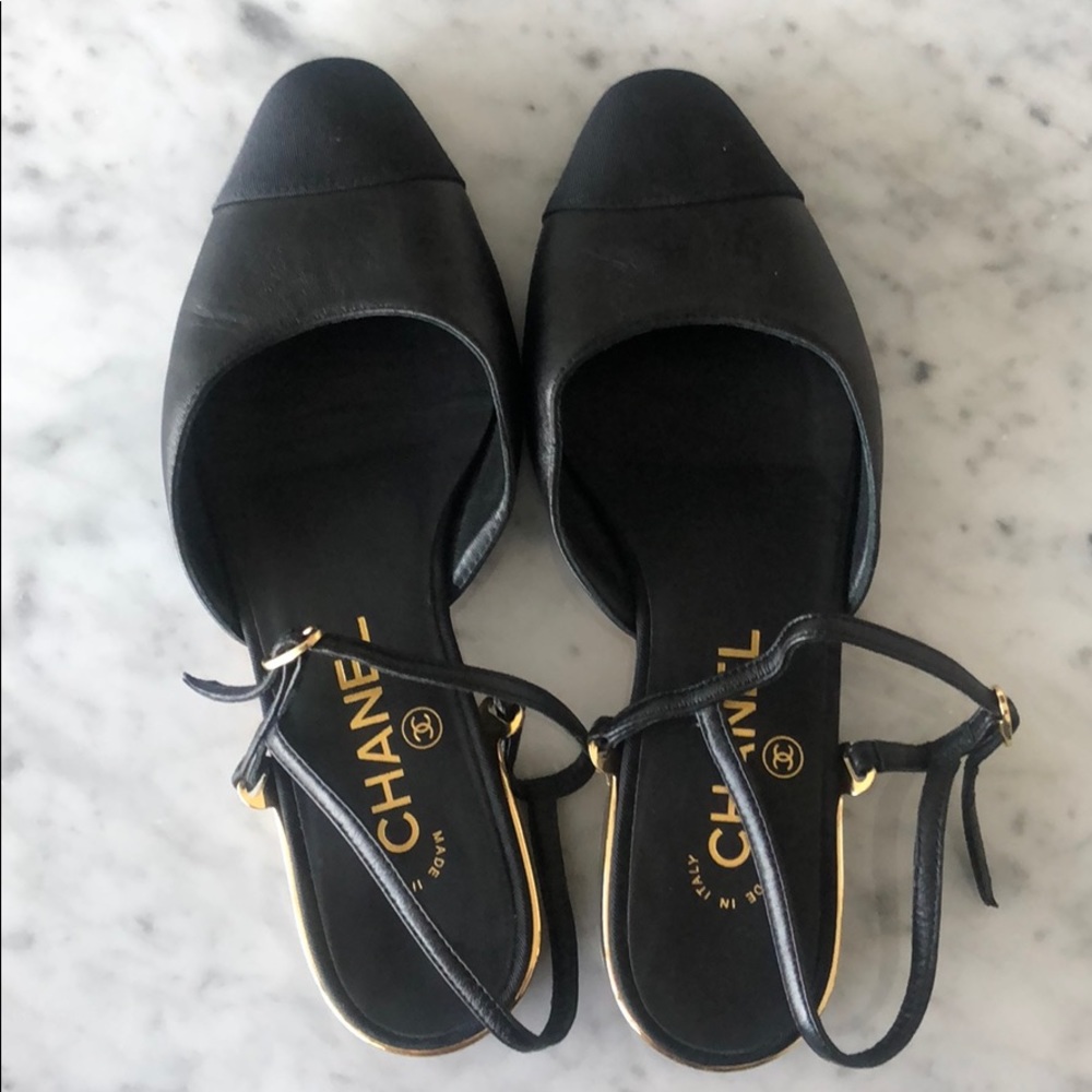 Chanel all black cap toe flat slingback 36